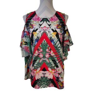 Gibson Latimer Multicolor Tropical Floral Cold Shoulder Ruffle Short Sleeve Top